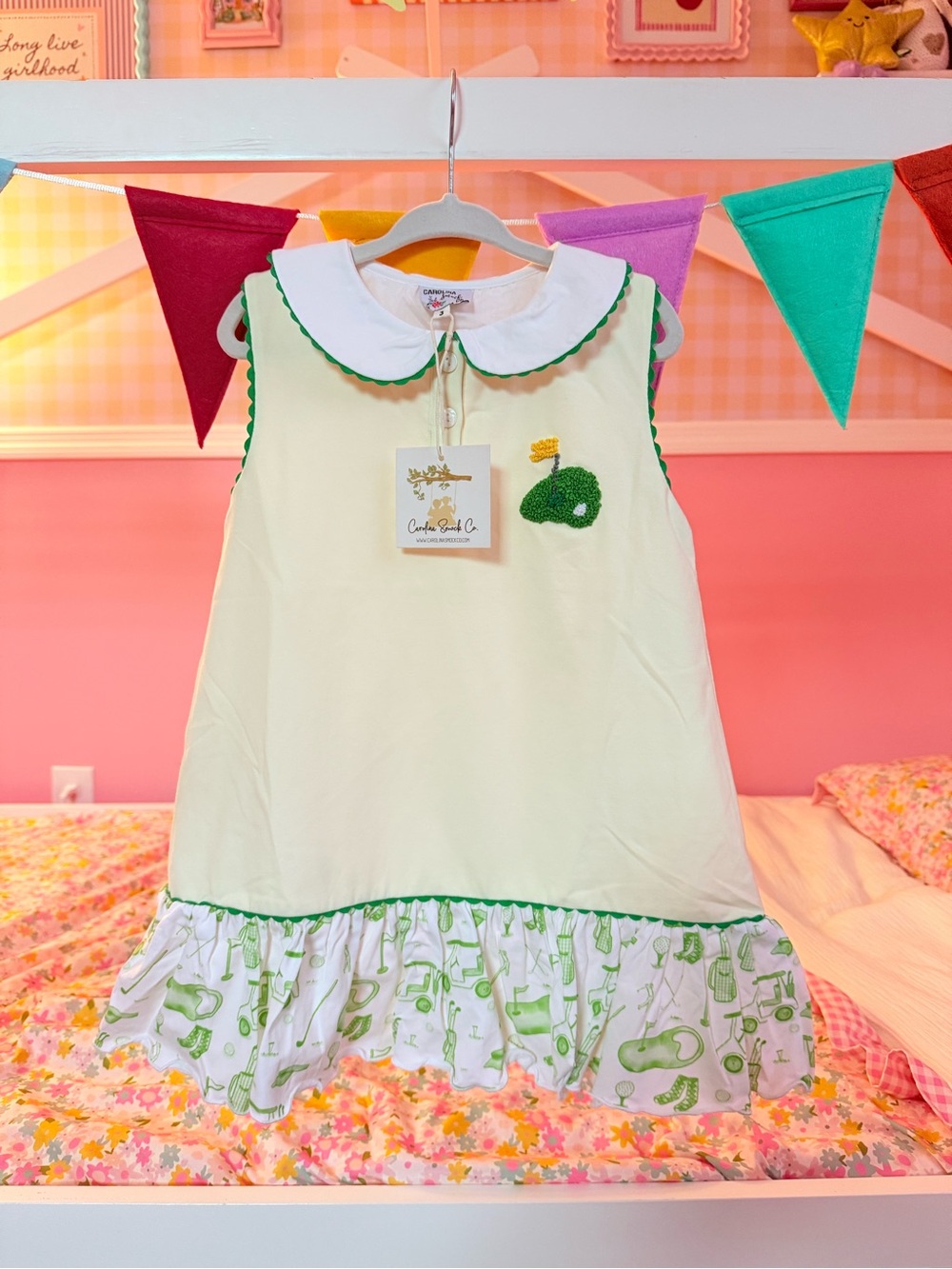 Classic Cream & Green Sleeveless Girl Golf Dress with Peter Pan Collar